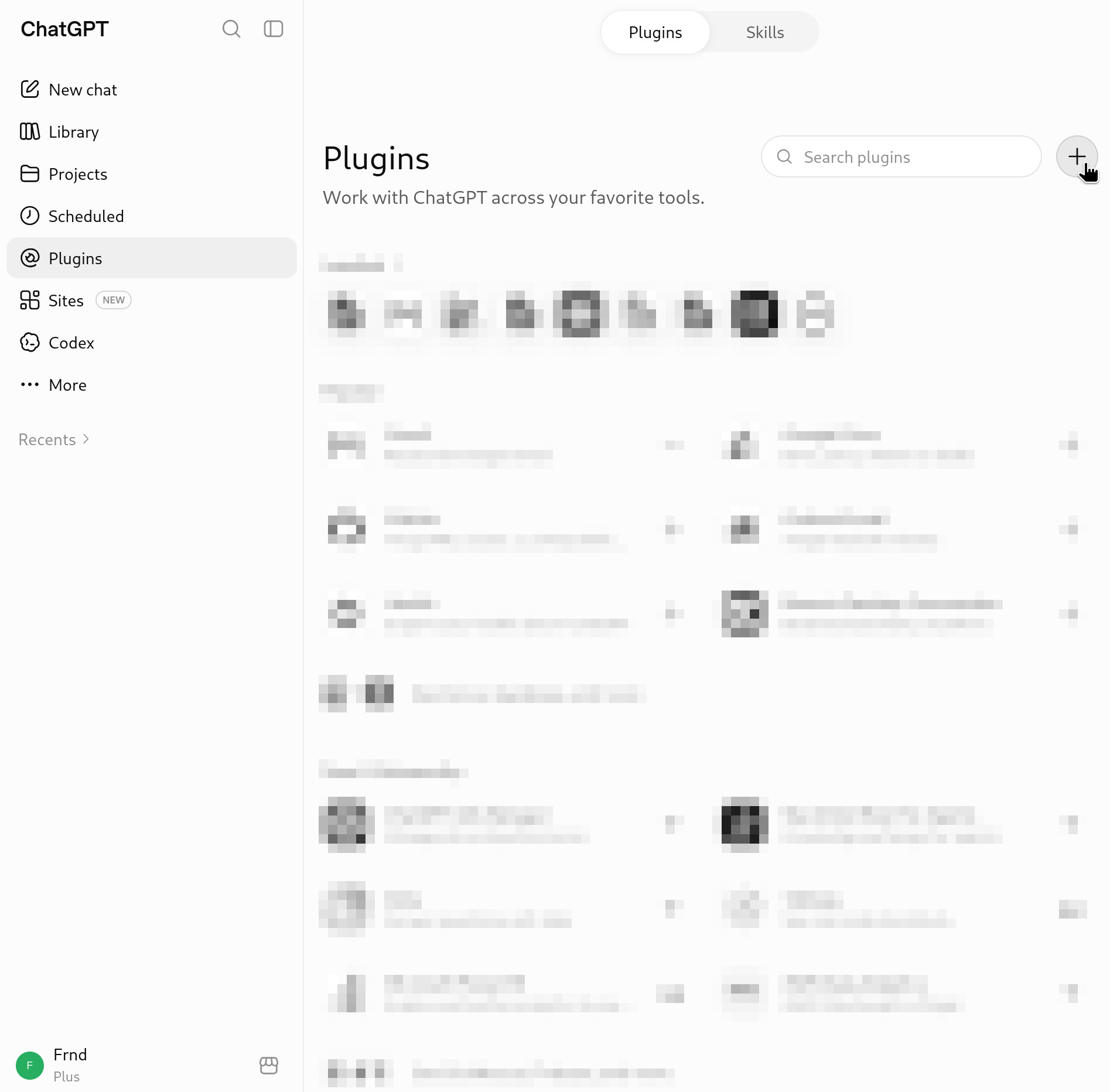 ChatGPT's Plugins page, with the plus button in the top right.