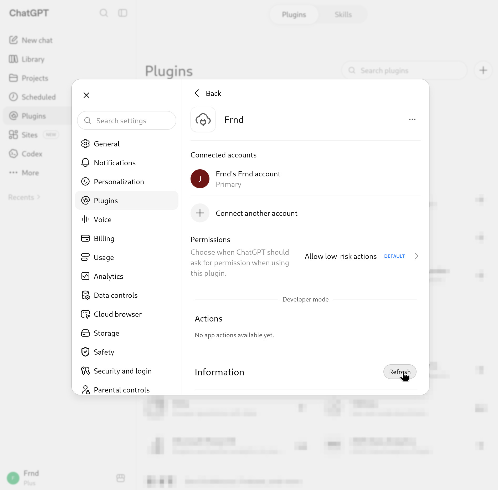ChatGPT's Frnd plugin page, with the Refresh button next to the Information section.