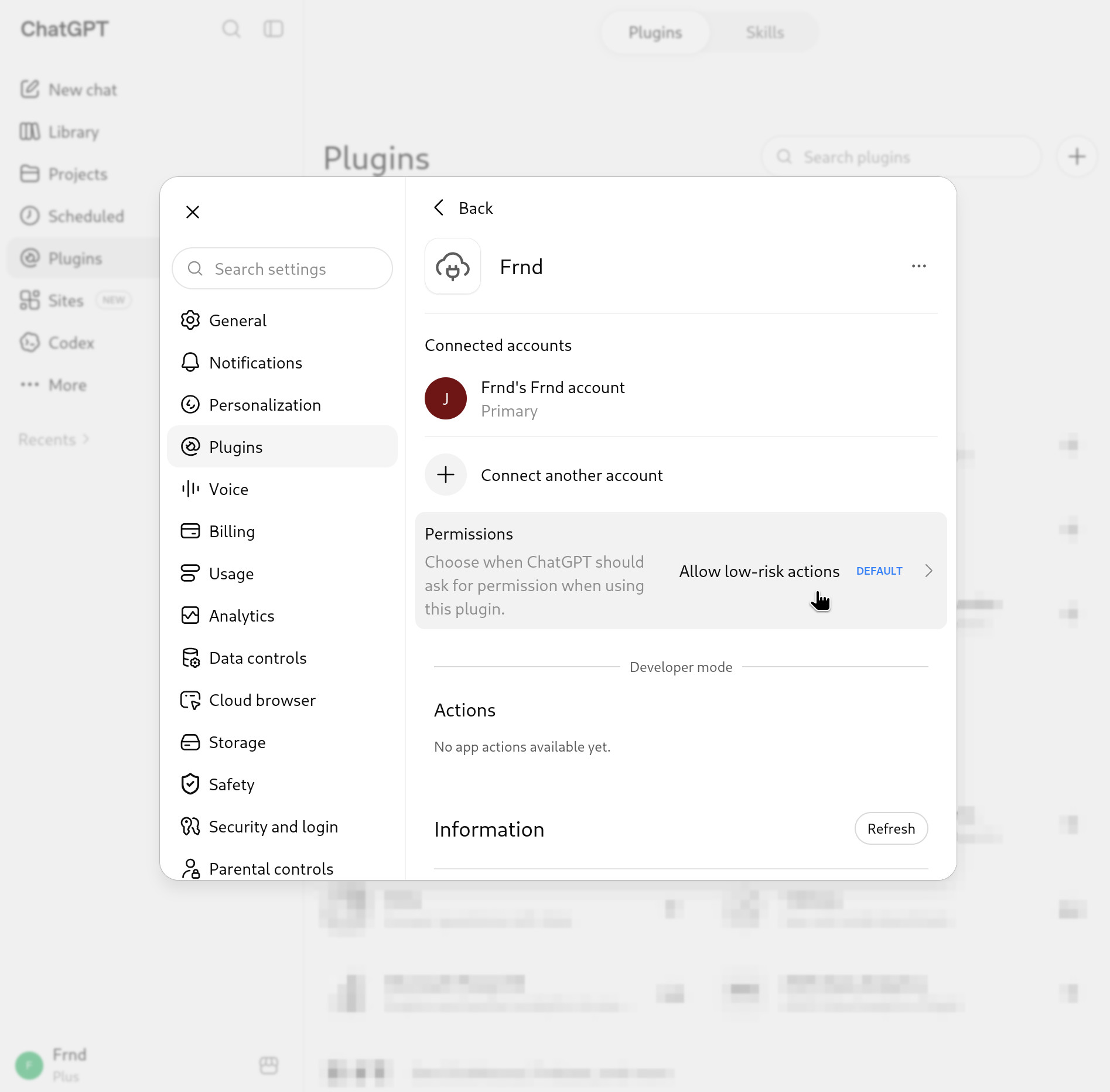 The permissions setting on the plugin page, set to Allow low-risk actions.
