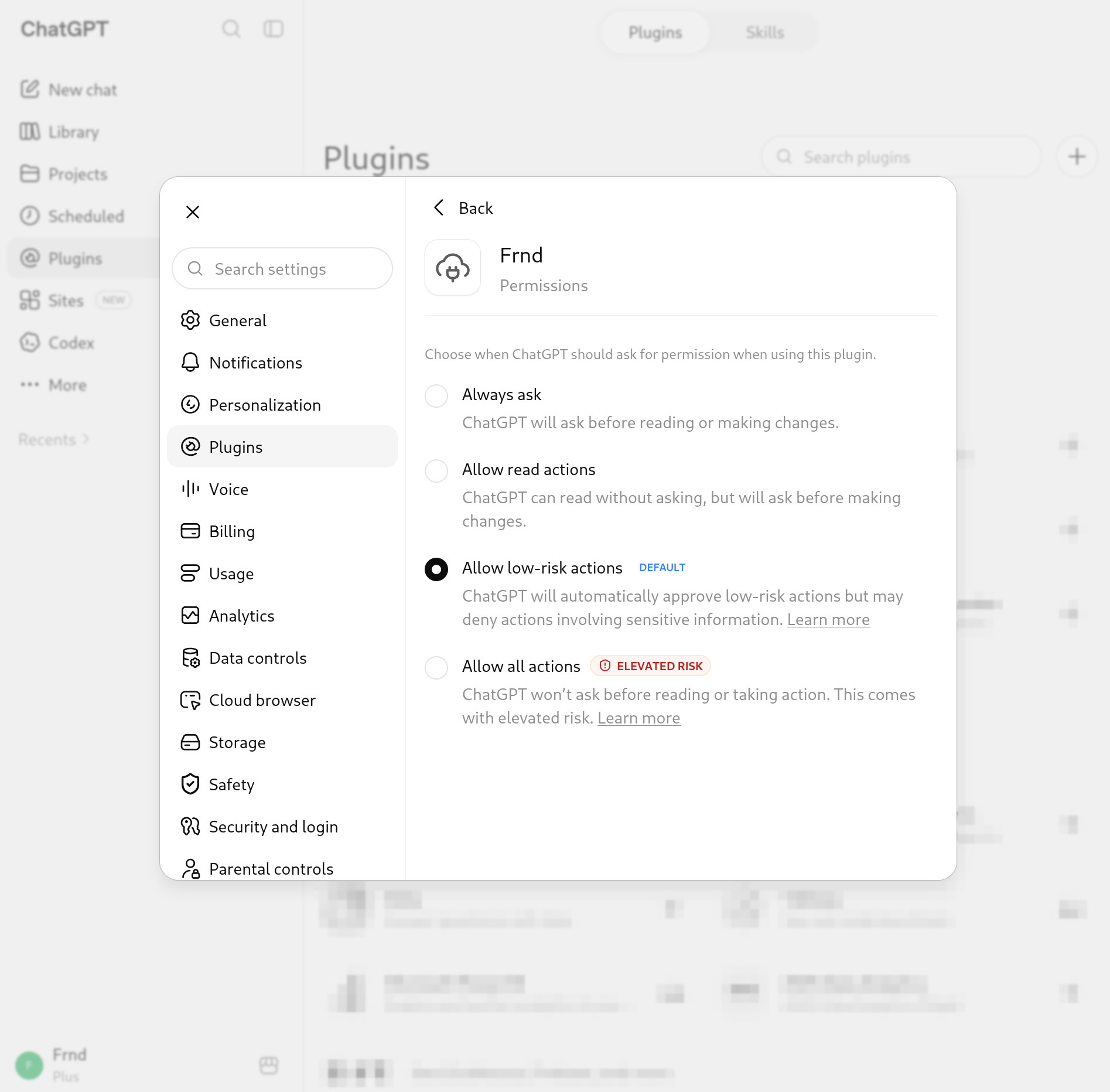 ChatGPT's permissions page for Frnd, with the four permission levels.