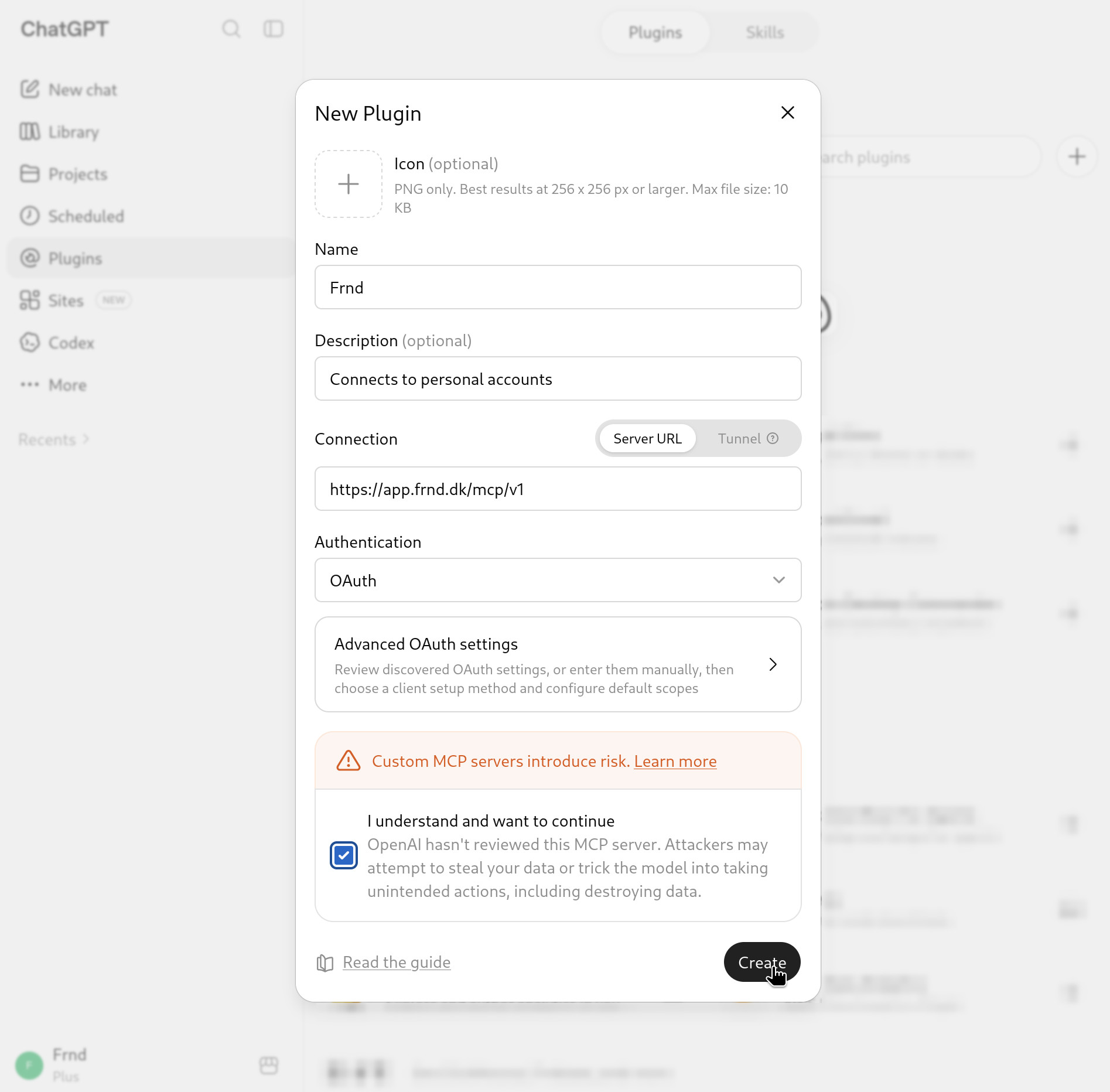 ChatGPT's New Plugin dialog, filled in with the name Frnd and the Frnd server address.