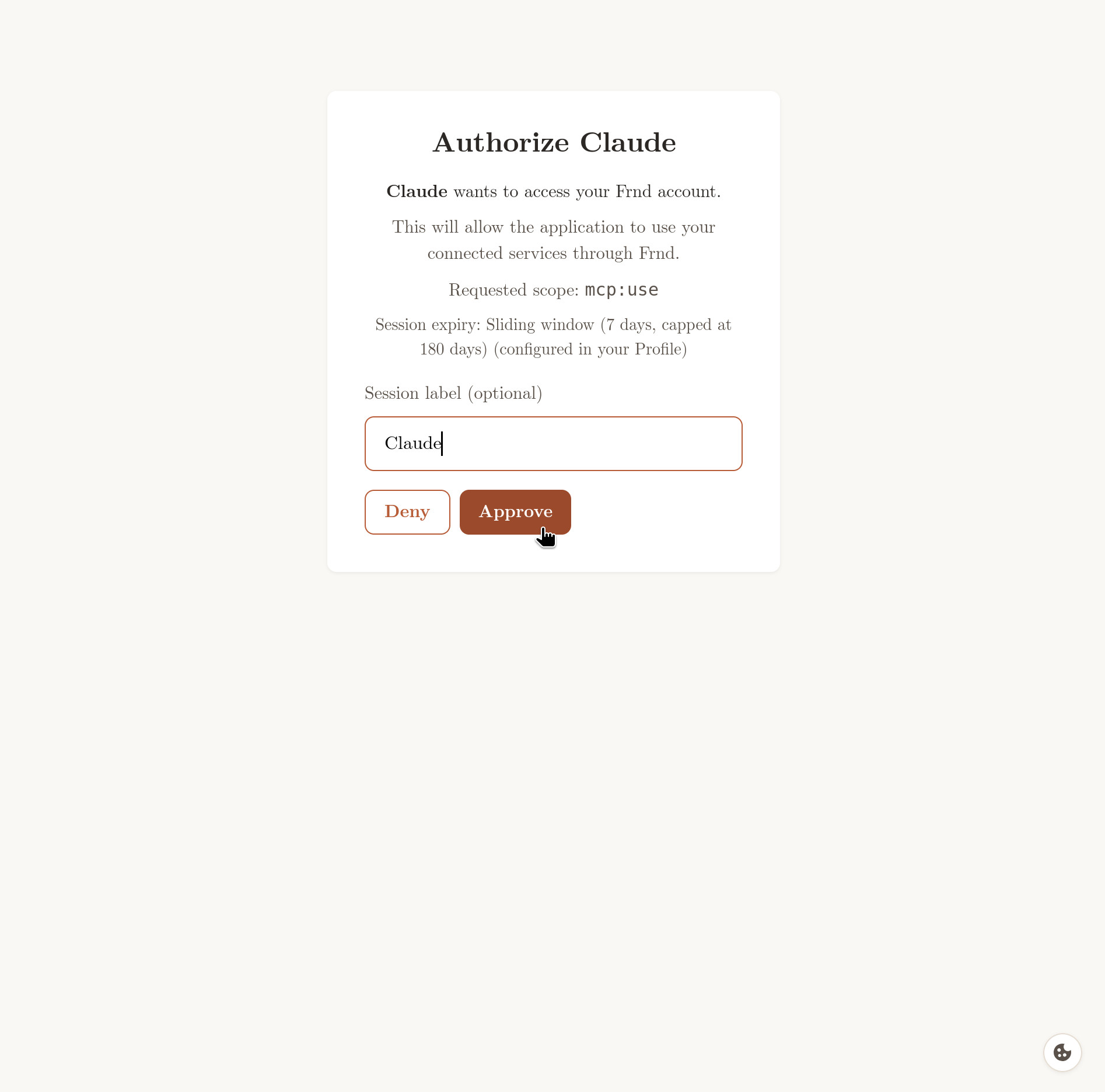 Frnd's authorization page, asking to authorize Claude with a session label field.