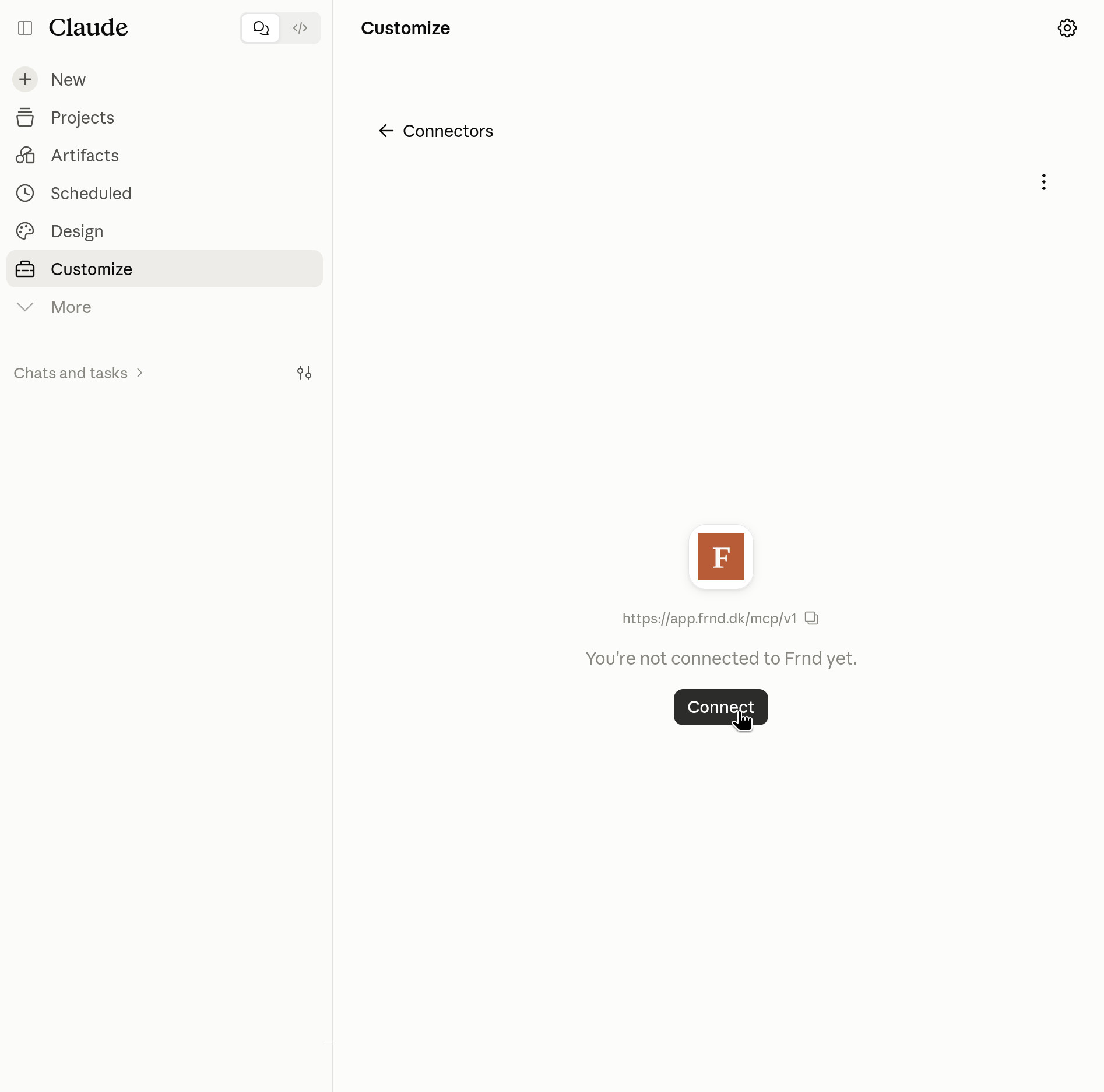 Claude's Frnd connector page, saying you're not connected to Frnd yet, with a Connect button.