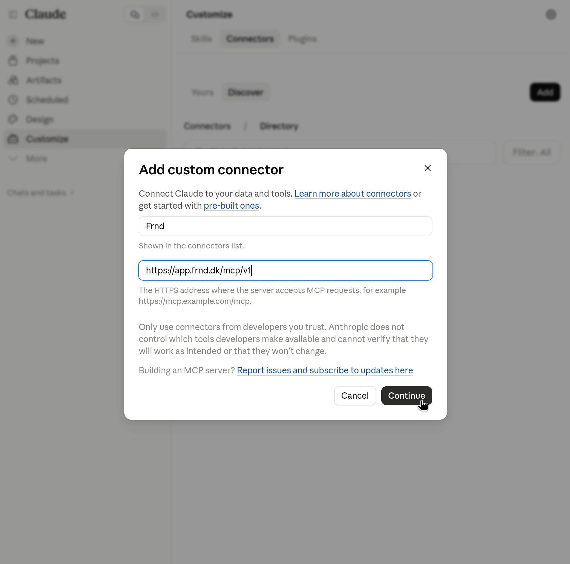 Claude's Add custom connector dialog, filled in with the name Frnd and the Frnd server address.