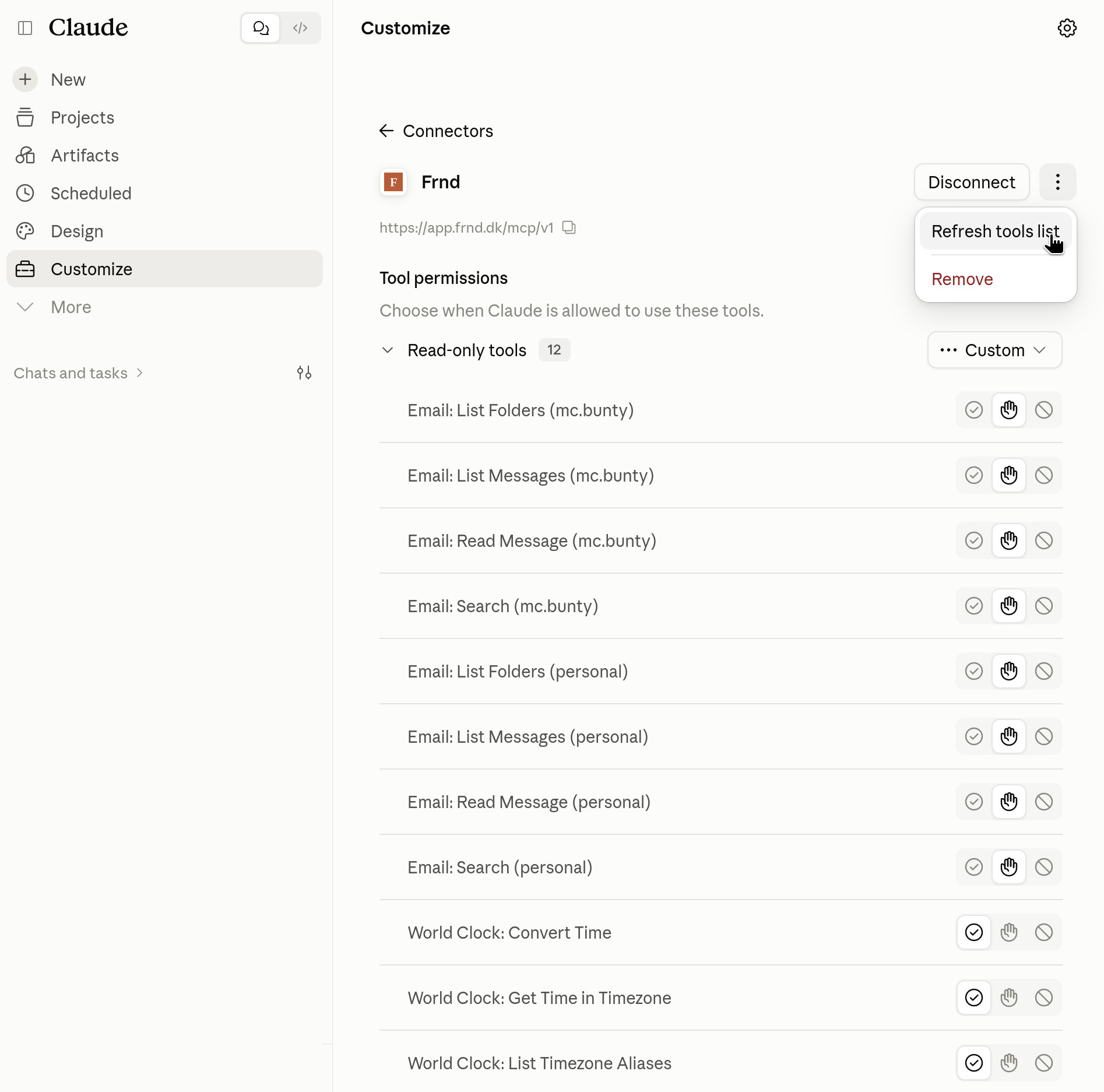 The menu on Claude's Frnd connector page, with Refresh tools list and Remove options.