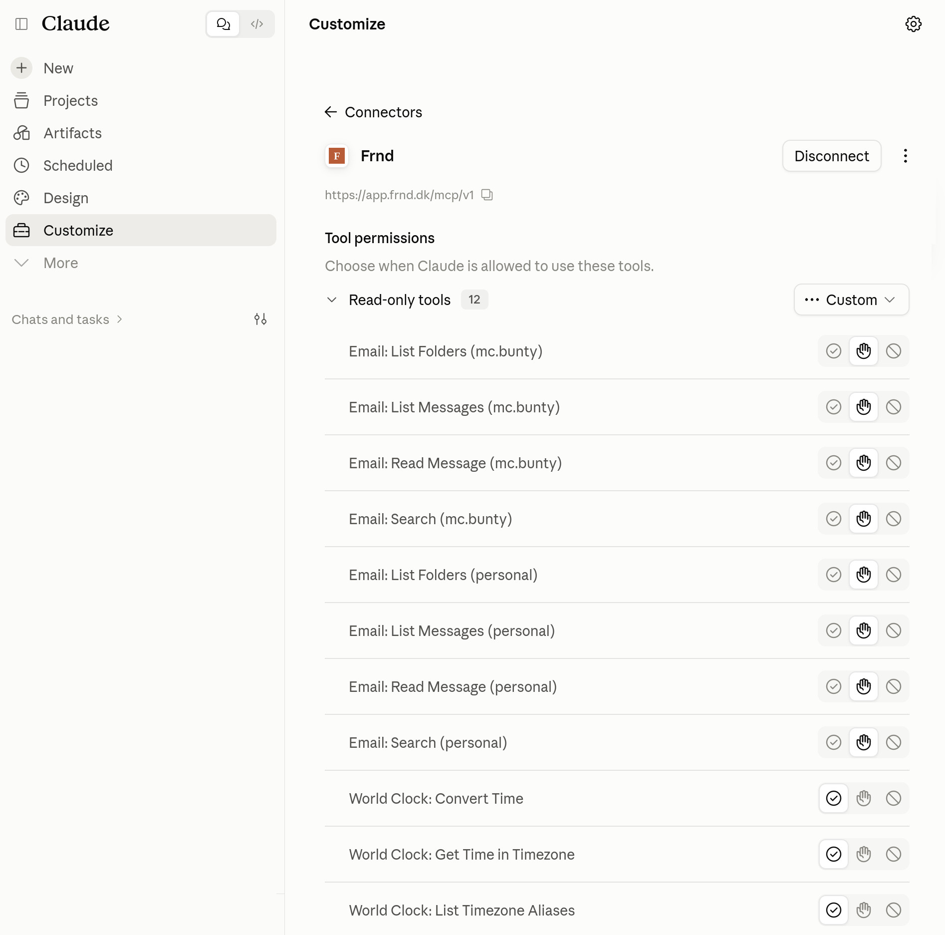 Claude's Frnd connector page, showing the list of Frnd tools with per-tool permission buttons.