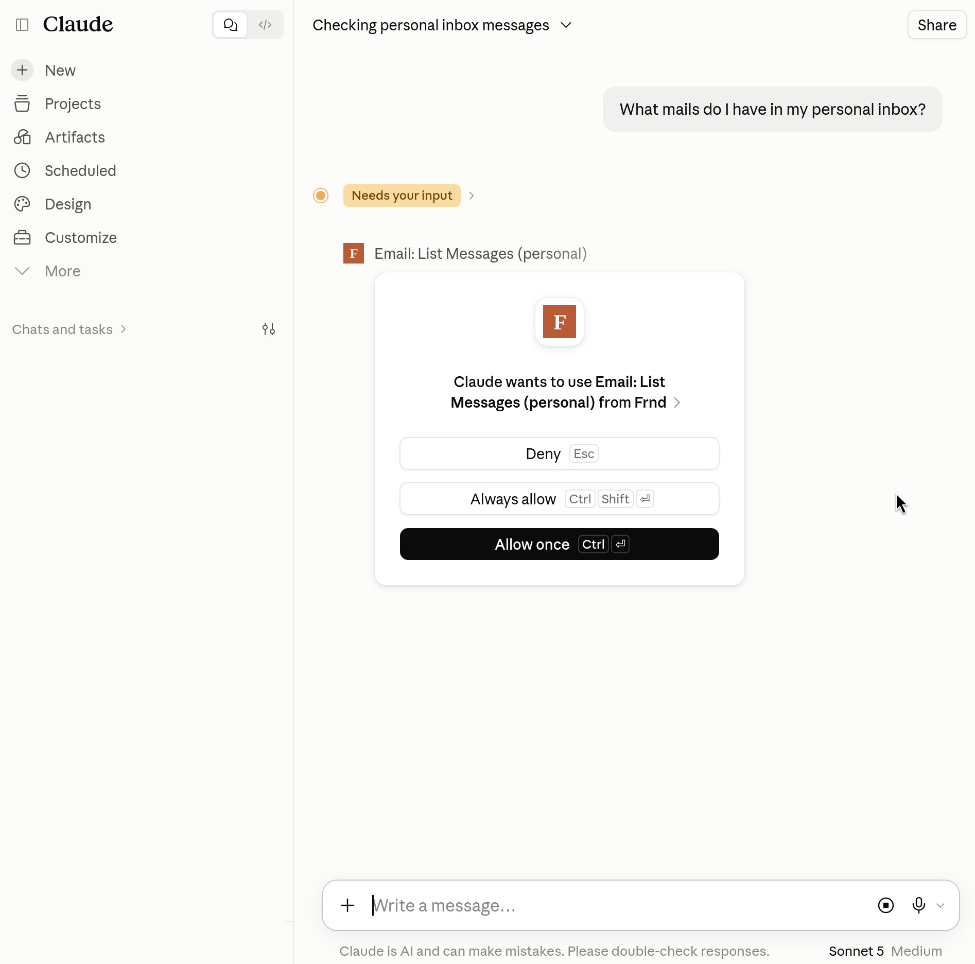 A Claude chat where Claude asks for permission to use the Email: List Messages tool from Frnd.