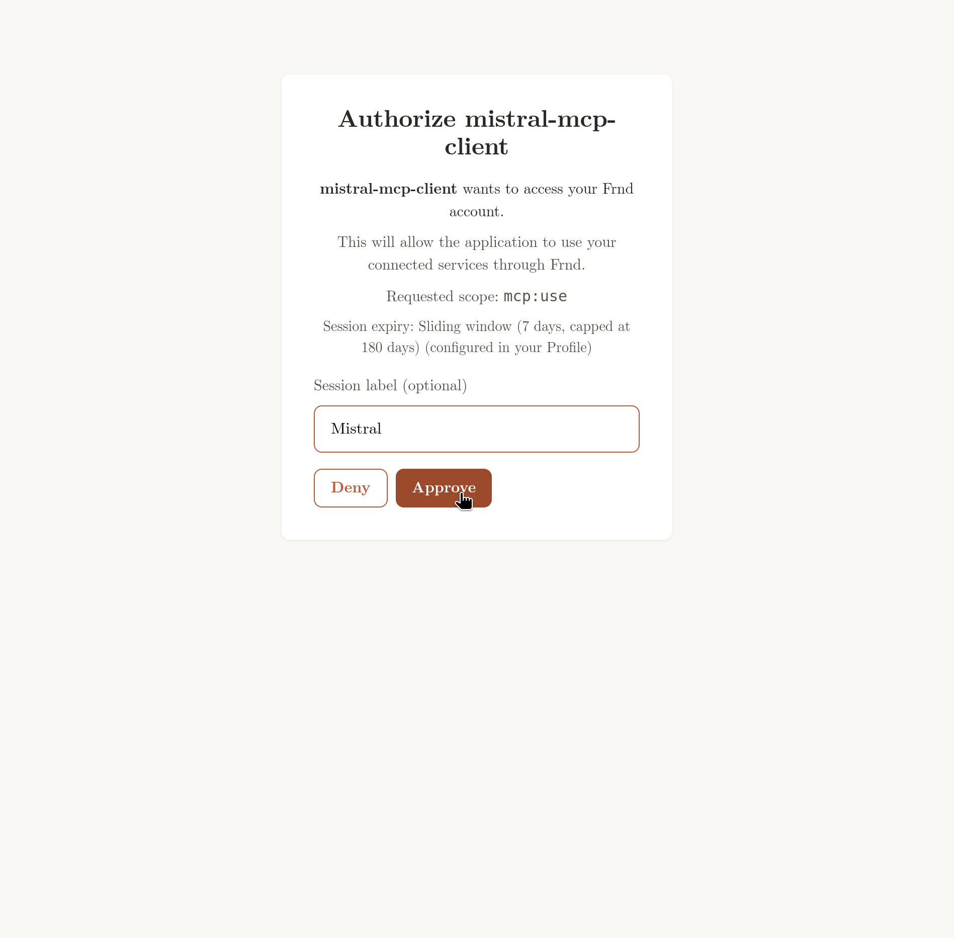 Frnd's authorization page, asking to authorize mistral-mcp-client with a session label field.