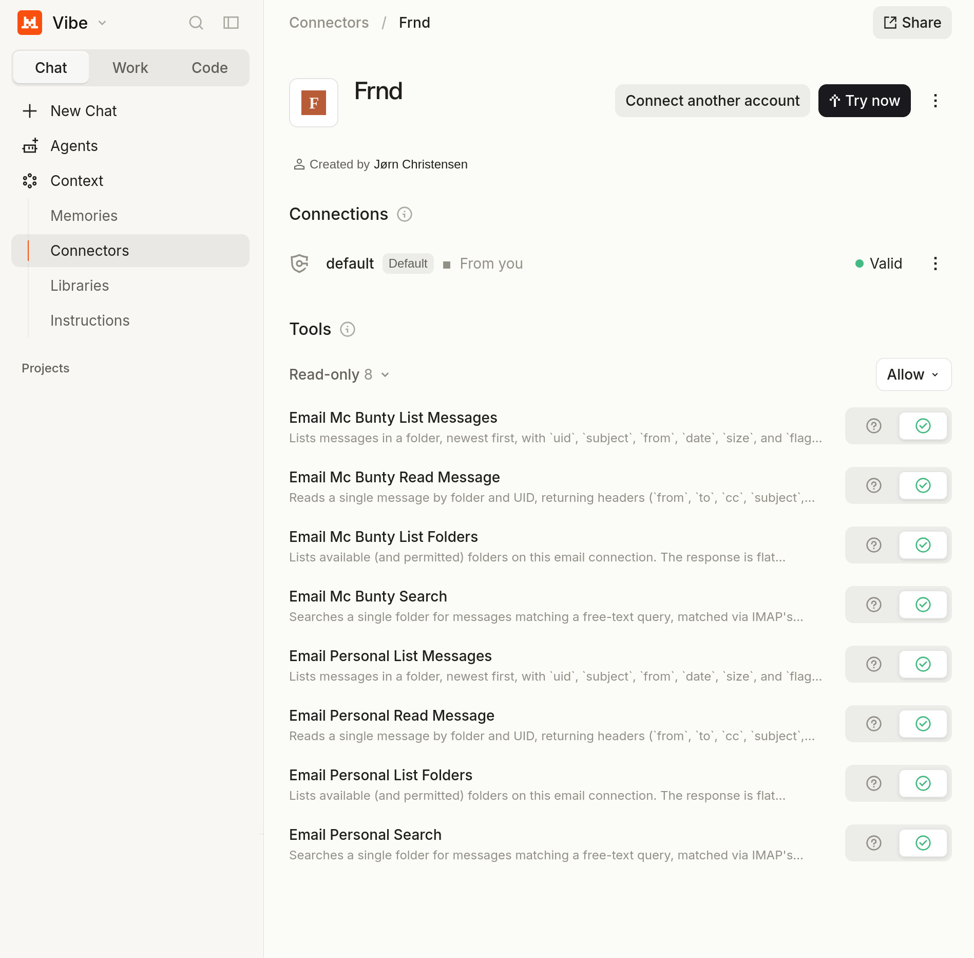 Mistral's Frnd connector page, showing a valid connection and the list of Frnd tools.