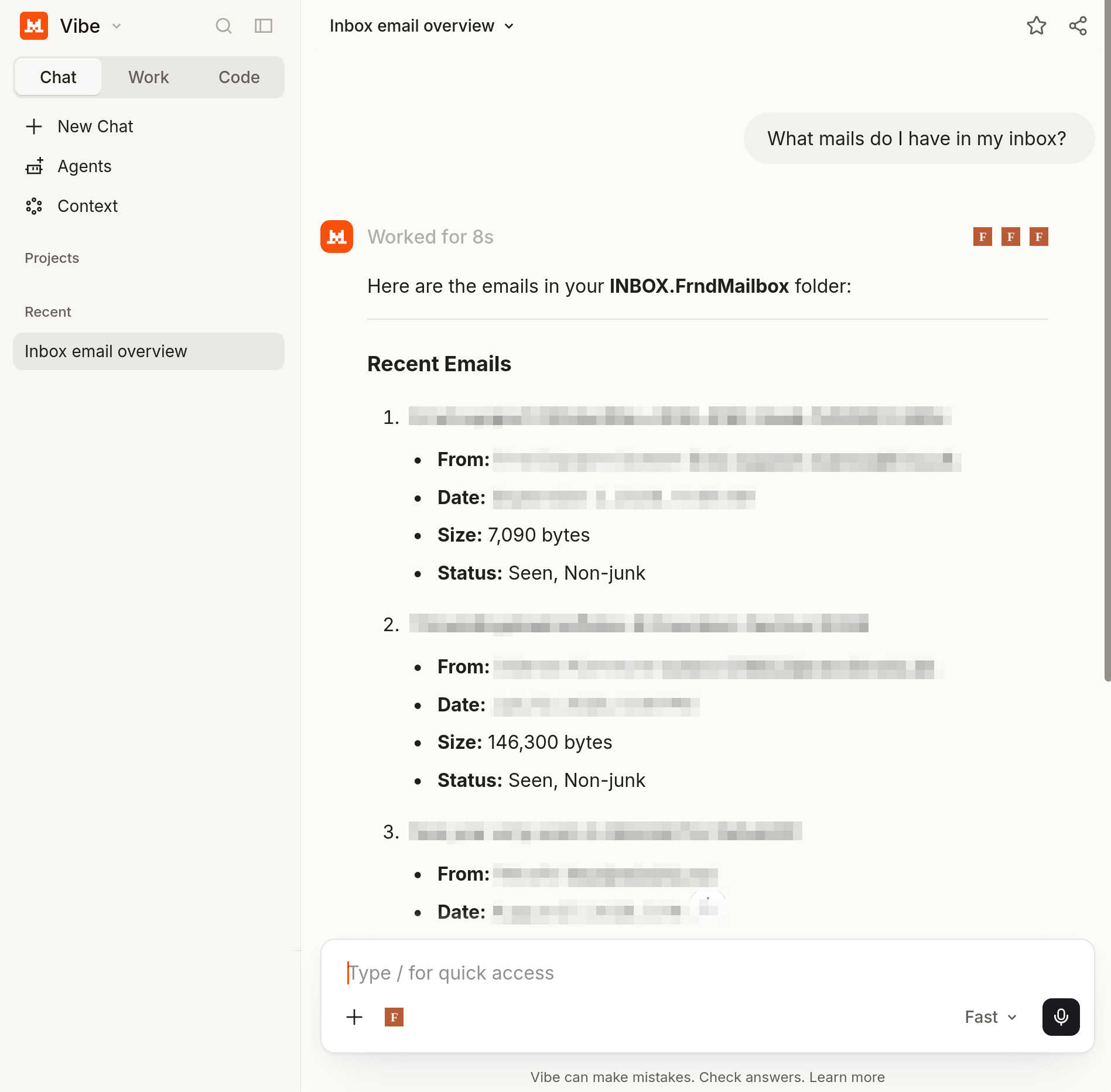 A Mistral chat where Frnd has listed the emails in the user's inbox.